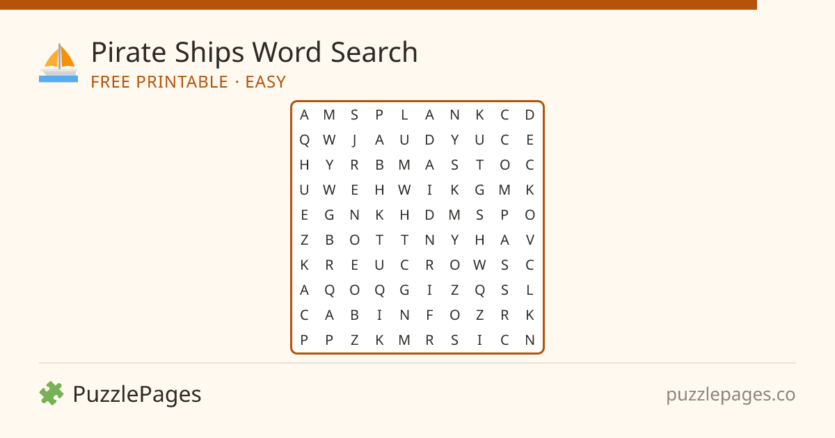 Pirate Ships Easy printable word search preview — free to print from PuzzlePages