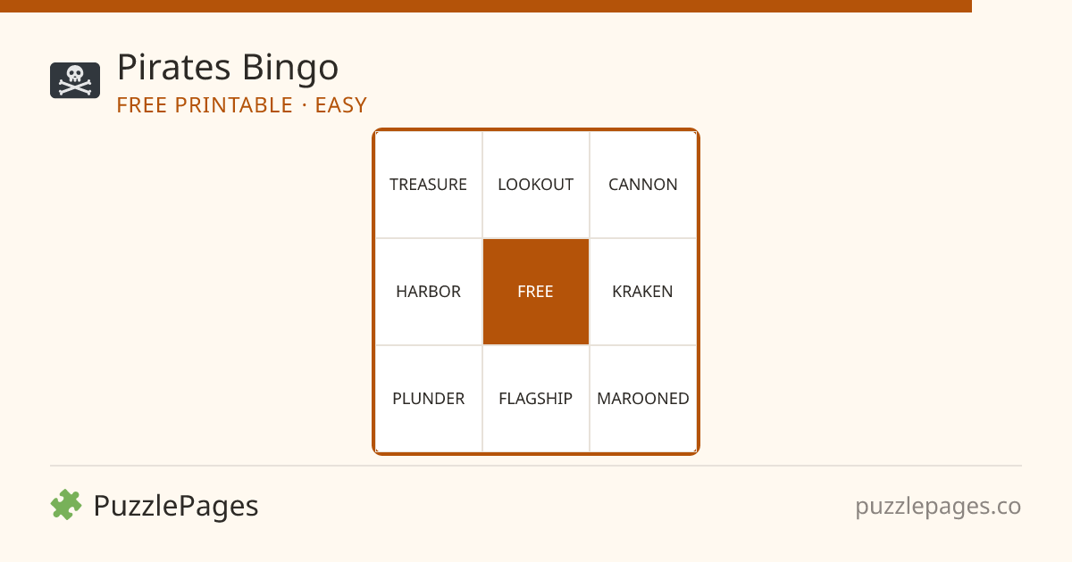 Pirates Easy printable bingo preview — free to print from PuzzlePages