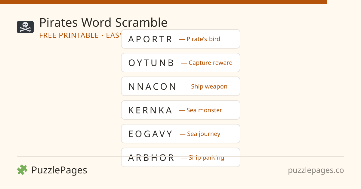 Pirates Easy printable word scramble preview — free to print from PuzzlePages