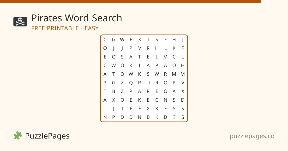 Pirates Easy printable word search preview — free to print from PuzzlePages