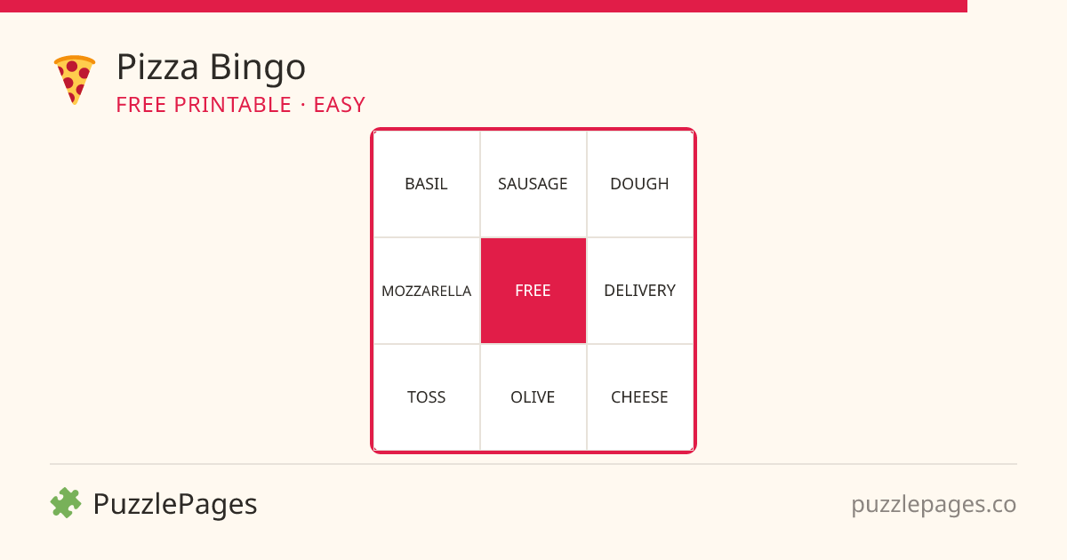 Pizza Easy printable bingo preview — free to print from PuzzlePages