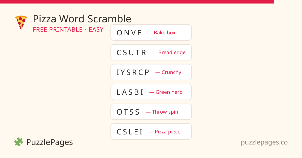 Pizza Easy printable word scramble preview — free to print from PuzzlePages