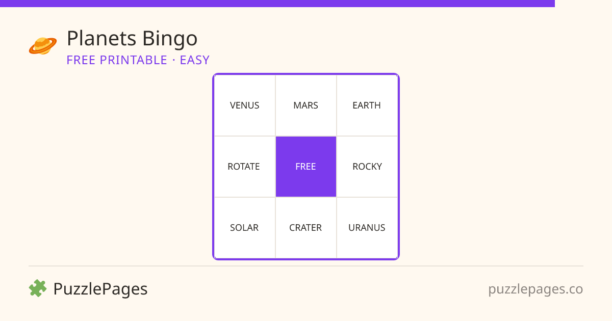 Planets Easy printable bingo preview — free to print from PuzzlePages