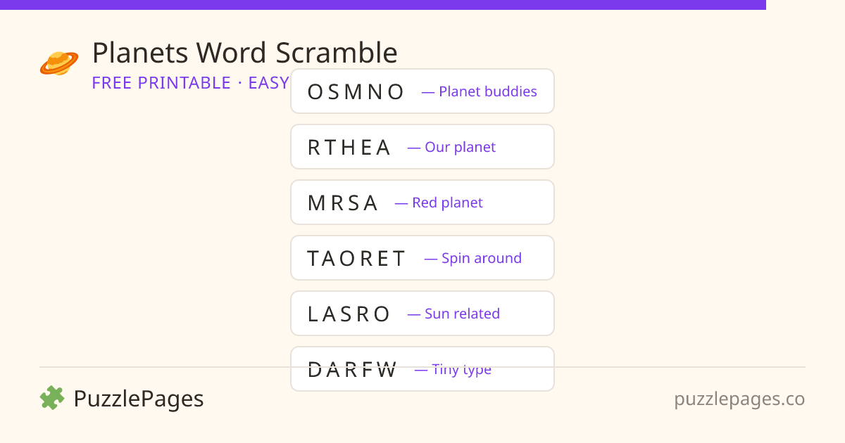 Planets Easy printable word scramble preview — free to print from PuzzlePages