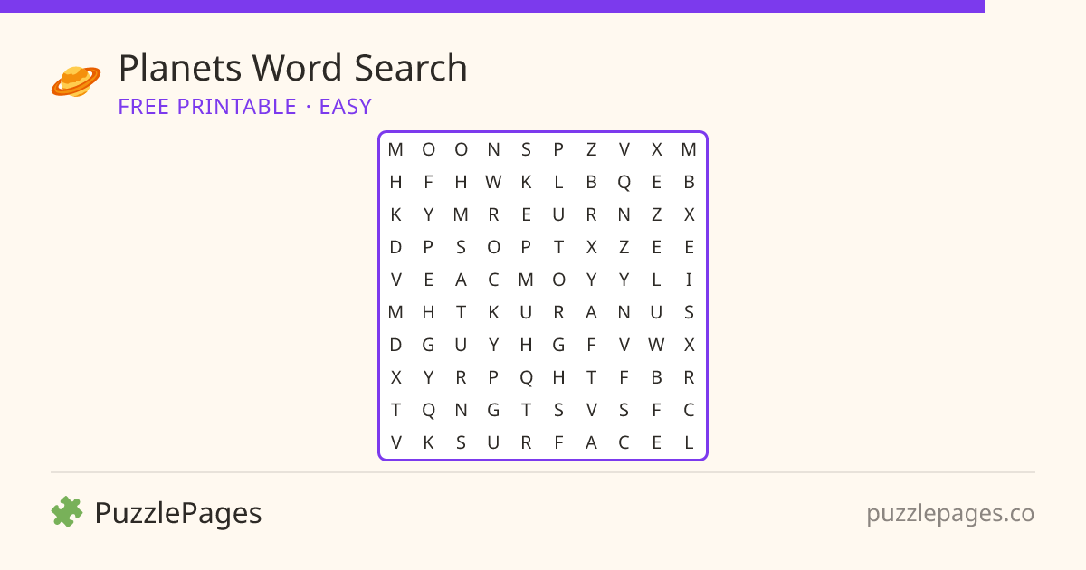 Planets Easy printable word search preview — free to print from PuzzlePages
