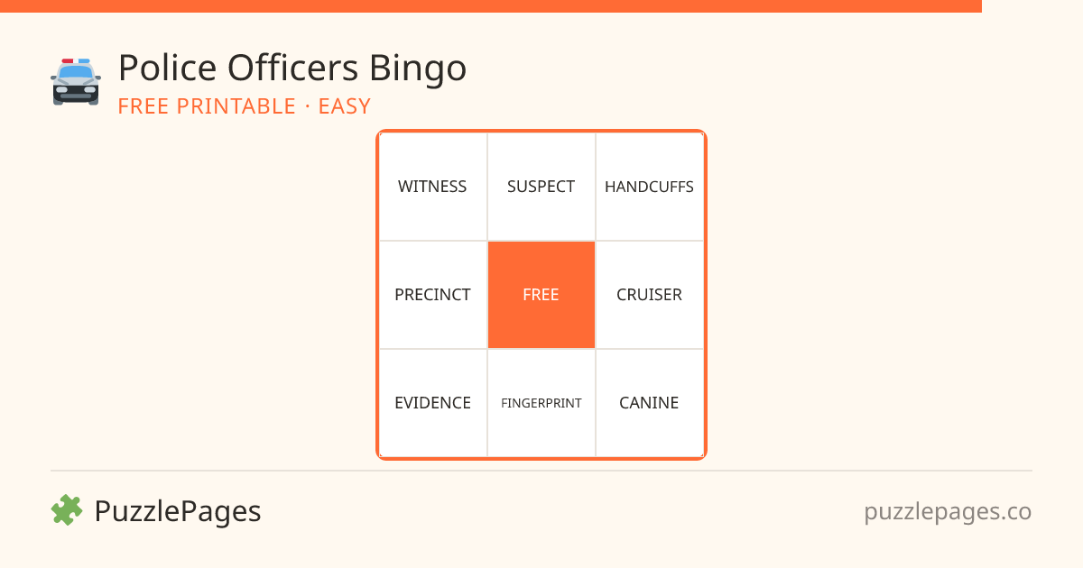 Police Officers Easy printable bingo preview — free to print from PuzzlePages