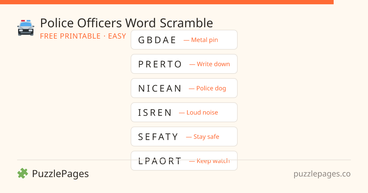 Police Officers Easy printable word scramble preview — free to print from PuzzlePages