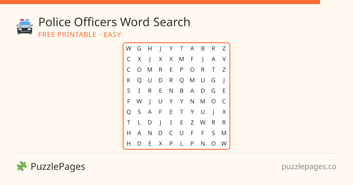 Police Officers Easy printable word search preview — free to print from PuzzlePages