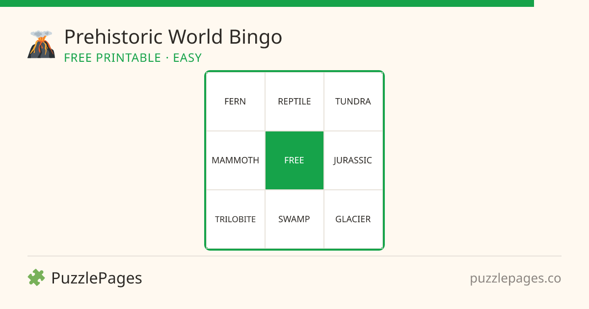 Prehistoric World Easy printable bingo preview — free to print from PuzzlePages