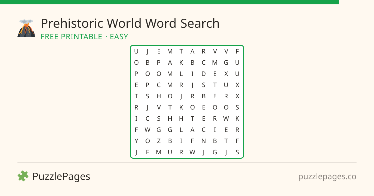 Prehistoric World Easy printable word search preview — free to print from PuzzlePages