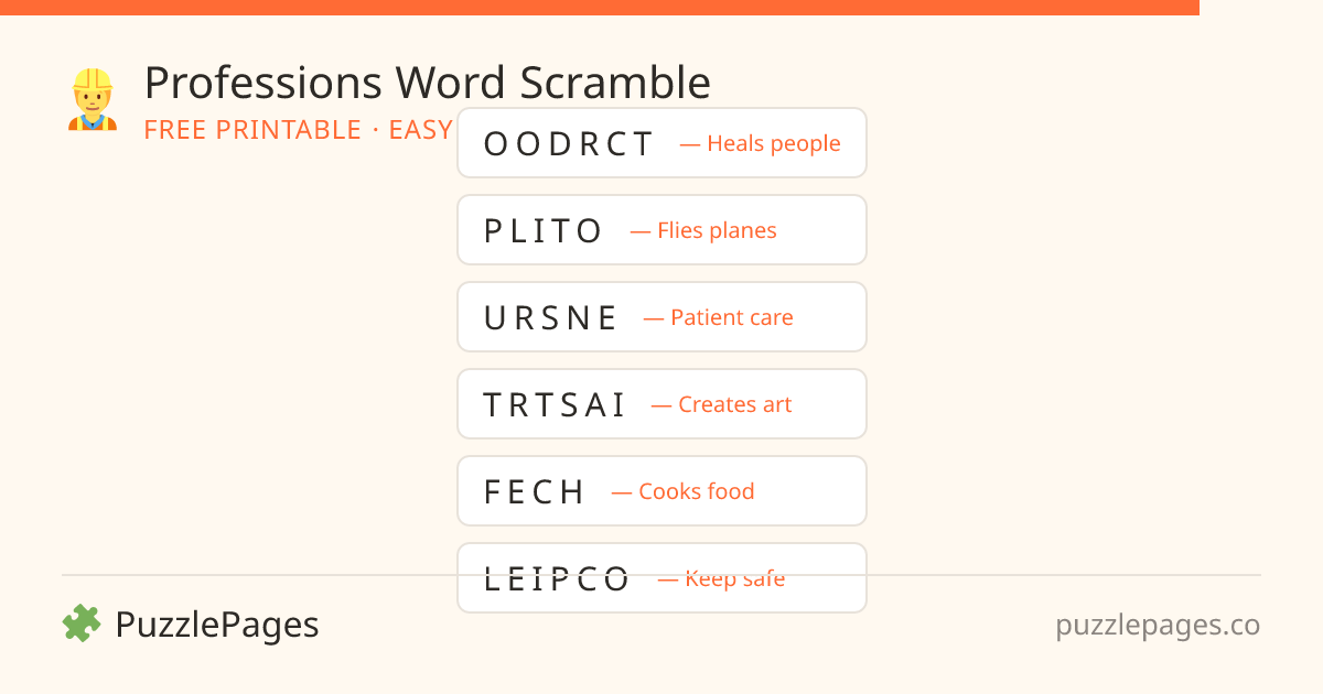 Professions Easy printable word scramble preview — free to print from PuzzlePages