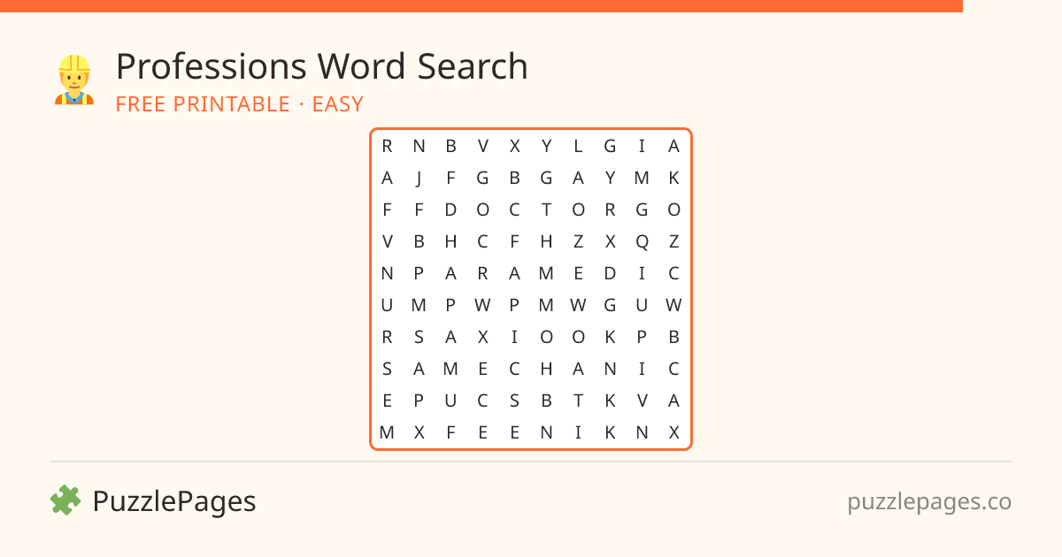 Professions Easy printable word search preview — free to print from PuzzlePages