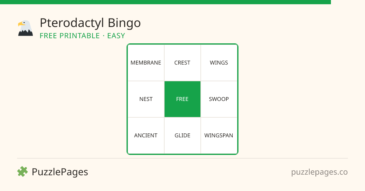 Pterodactyl Easy printable bingo preview — free to print from PuzzlePages