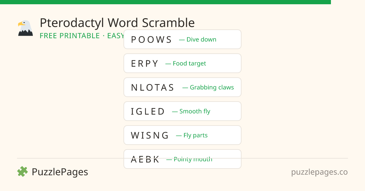 Pterodactyl Easy printable word scramble preview — free to print from PuzzlePages
