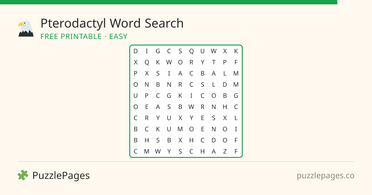 Pterodactyl Easy printable word search preview — free to print from PuzzlePages