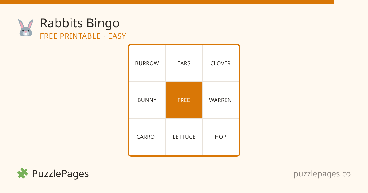 Rabbits Easy printable bingo preview — free to print from PuzzlePages