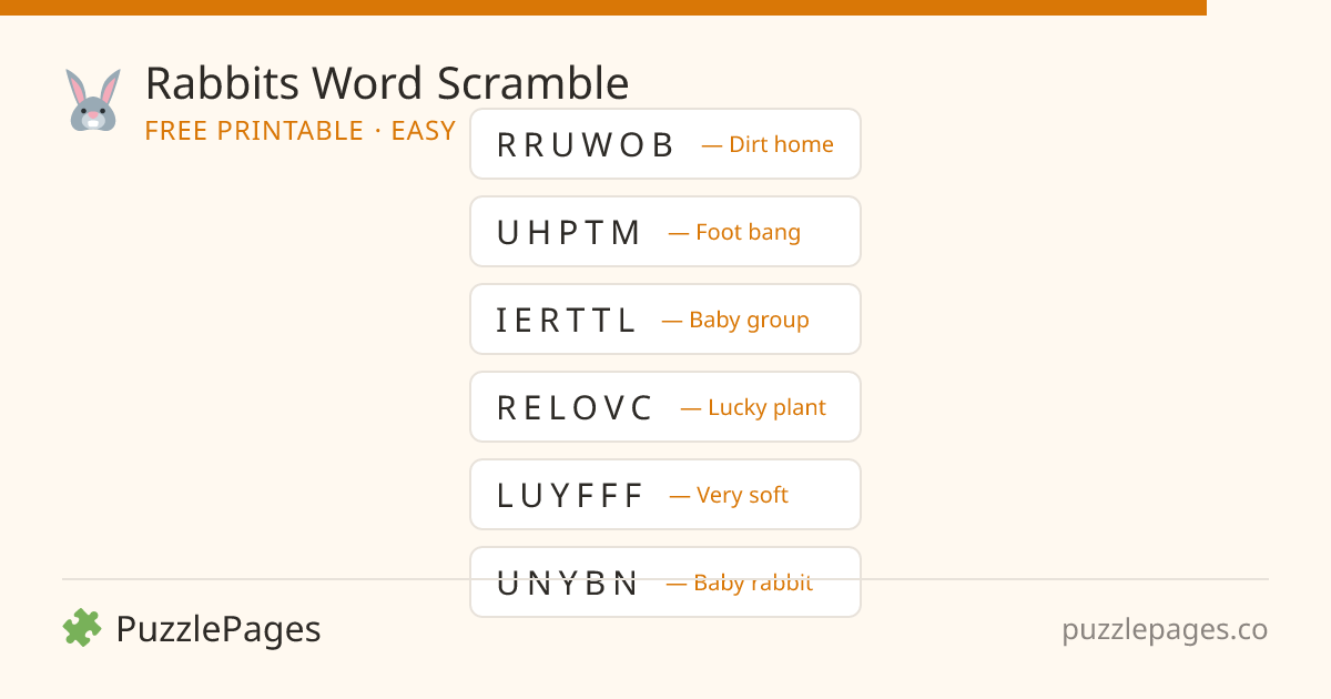 Rabbits Easy printable word scramble preview — free to print from PuzzlePages