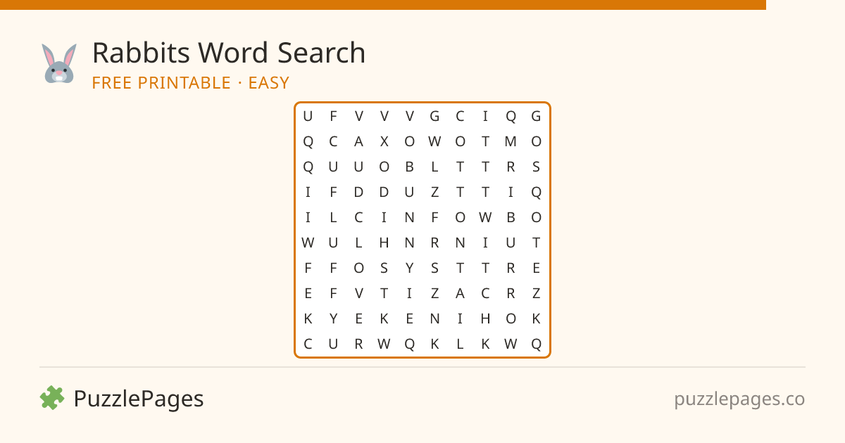 Rabbits Easy printable word search preview — free to print from PuzzlePages