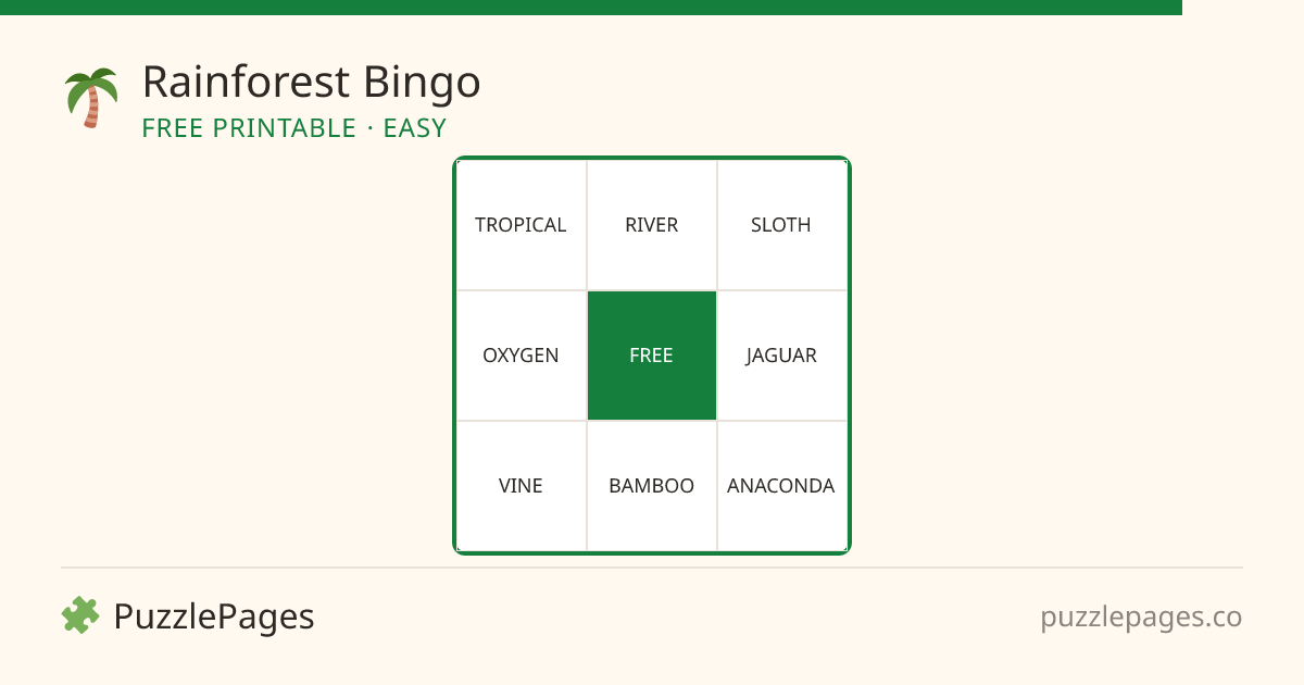 Rainforest Easy printable bingo preview — free to print from PuzzlePages