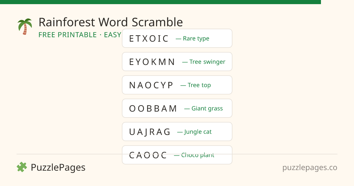 Rainforest Easy printable word scramble preview — free to print from PuzzlePages