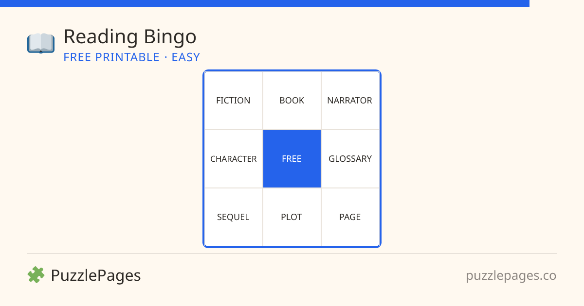 Reading Easy printable bingo preview — free to print from PuzzlePages