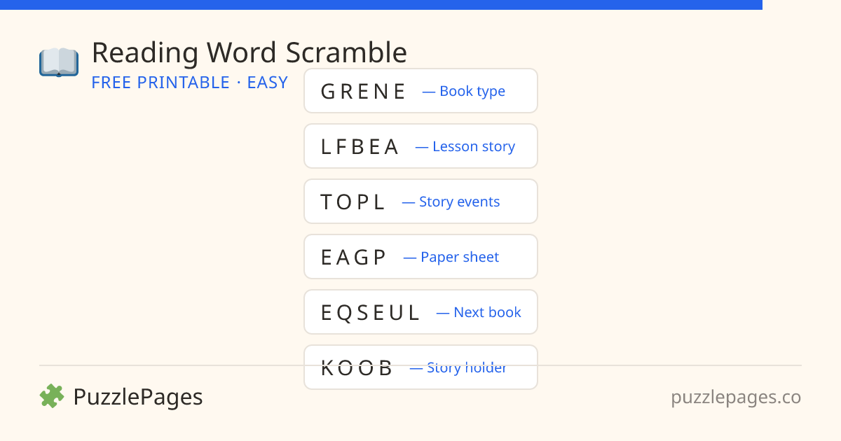 Reading Easy printable word scramble preview — free to print from PuzzlePages