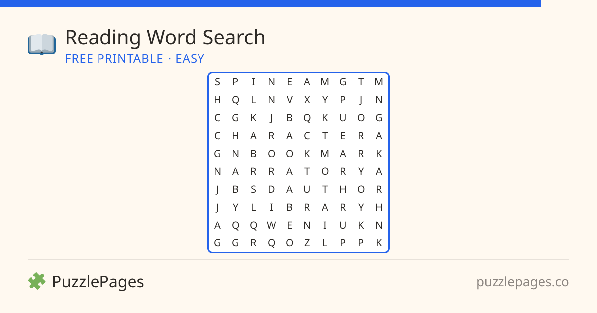 Reading Easy printable word search preview — free to print from PuzzlePages