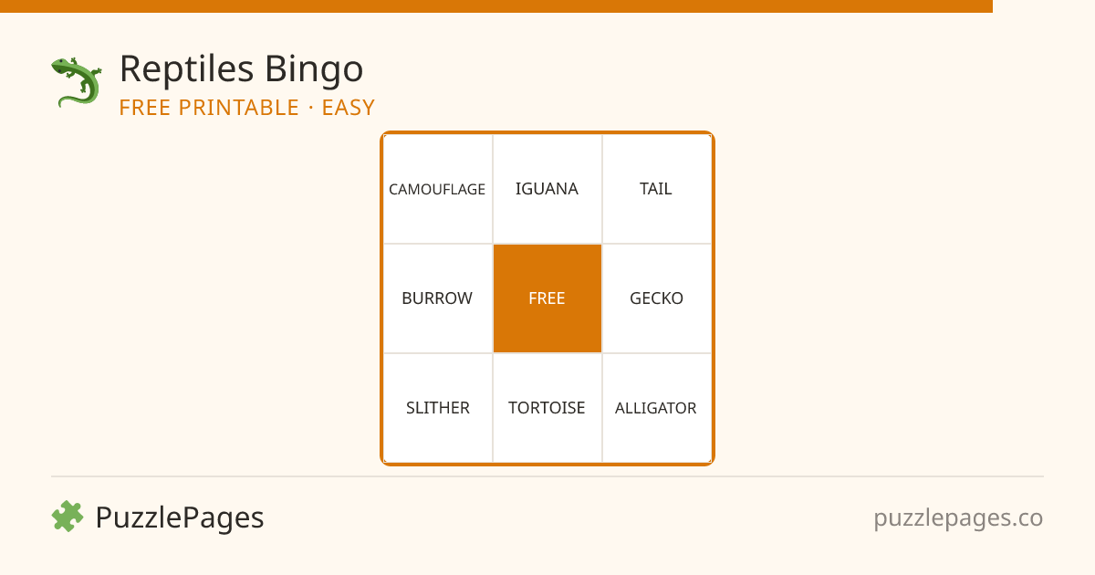 Reptiles Easy printable bingo preview — free to print from PuzzlePages