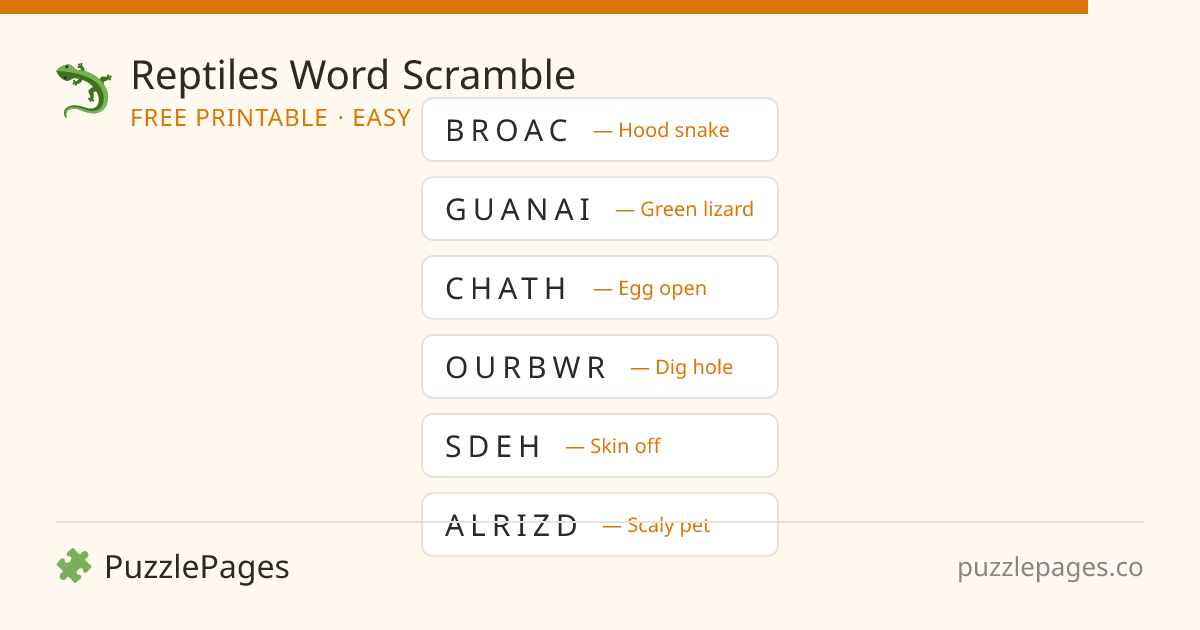Reptiles Easy printable word scramble preview — free to print from PuzzlePages
