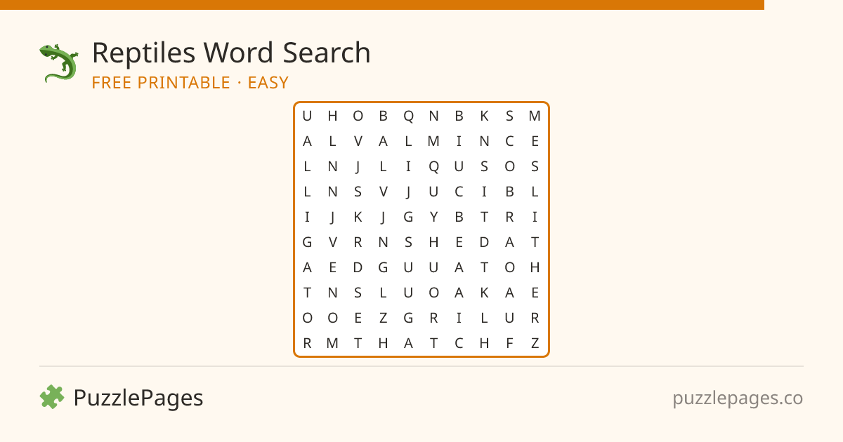 Reptiles Easy printable word search preview — free to print from PuzzlePages