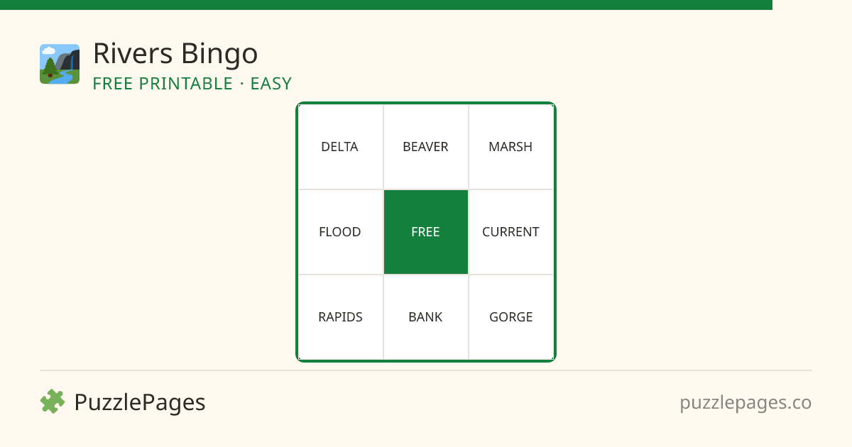 Rivers Easy printable bingo preview — free to print from PuzzlePages