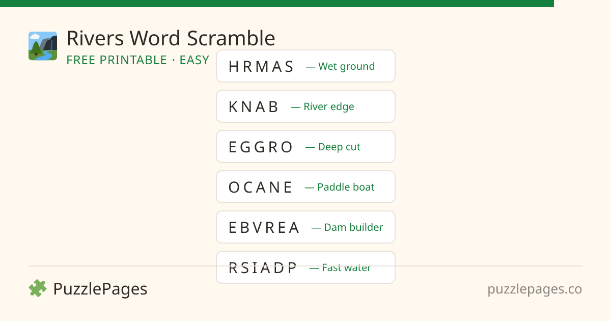Rivers Easy printable word scramble preview — free to print from PuzzlePages