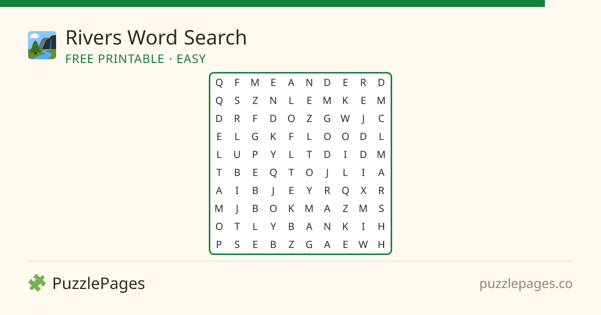 Rivers Easy printable word search preview — free to print from PuzzlePages
