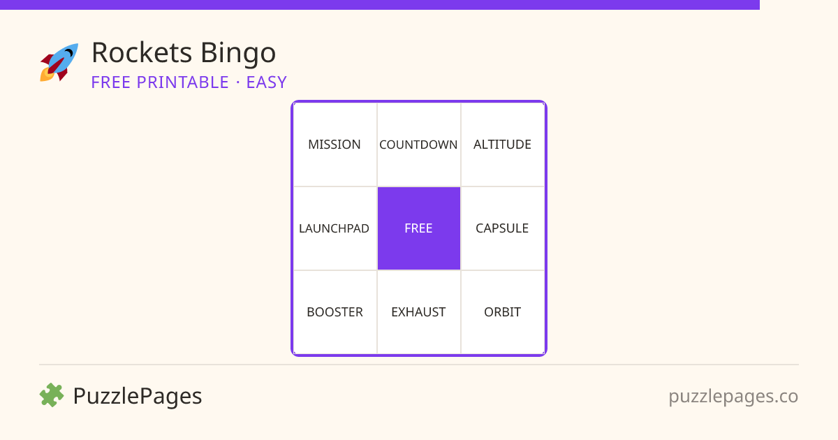 Rockets Easy printable bingo preview — free to print from PuzzlePages