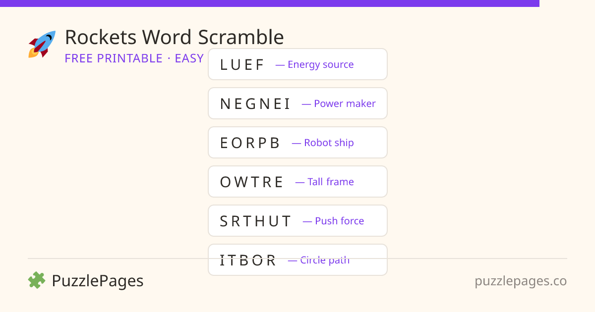 Rockets Easy printable word scramble preview — free to print from PuzzlePages