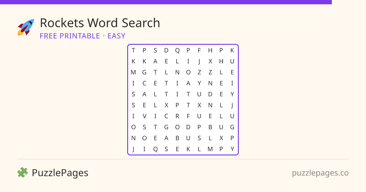 Rockets Easy printable word search preview — free to print from PuzzlePages