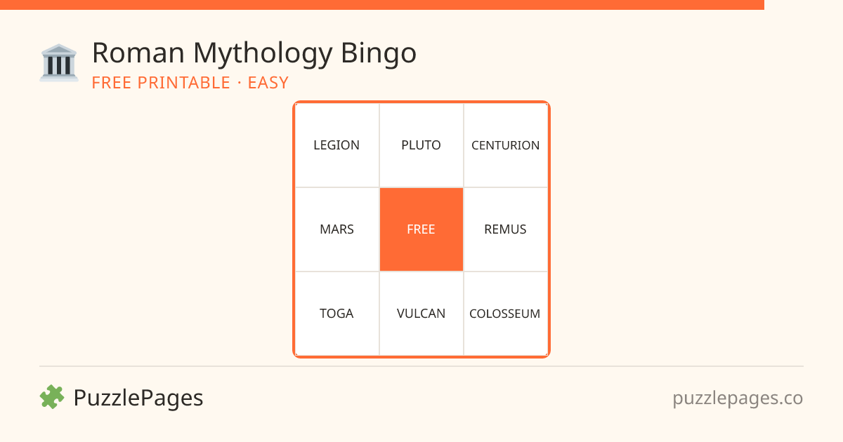 Roman Mythology Easy printable bingo preview — free to print from PuzzlePages