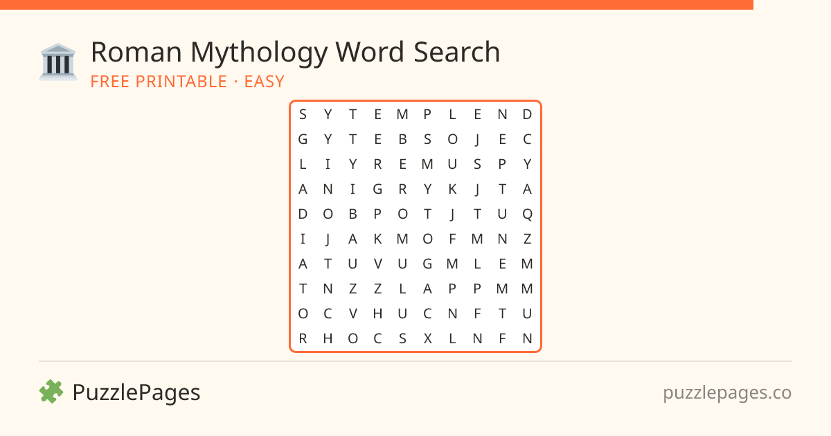 Roman Mythology Easy printable word search preview — free to print from PuzzlePages