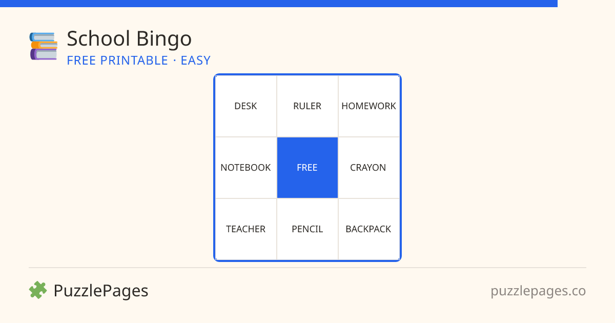 School Easy printable bingo preview — free to print from PuzzlePages