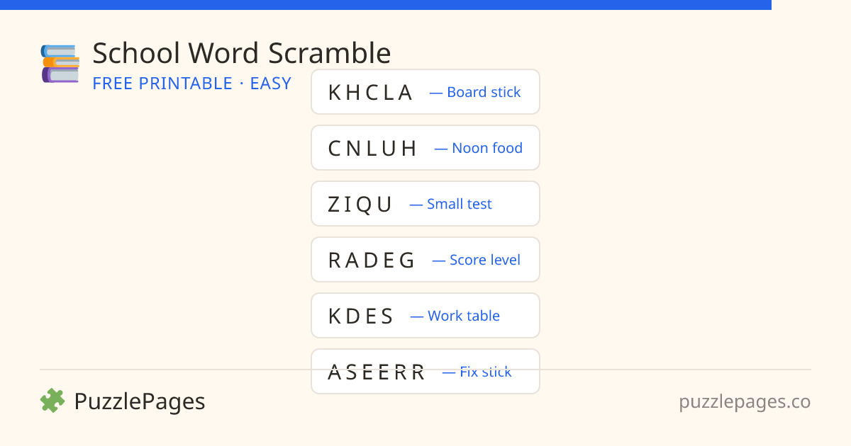 School Easy printable word scramble preview — free to print from PuzzlePages