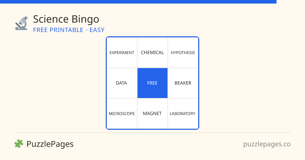 Science Easy printable bingo preview — free to print from PuzzlePages