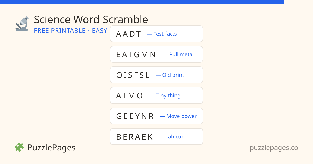 Science Easy printable word scramble preview — free to print from PuzzlePages