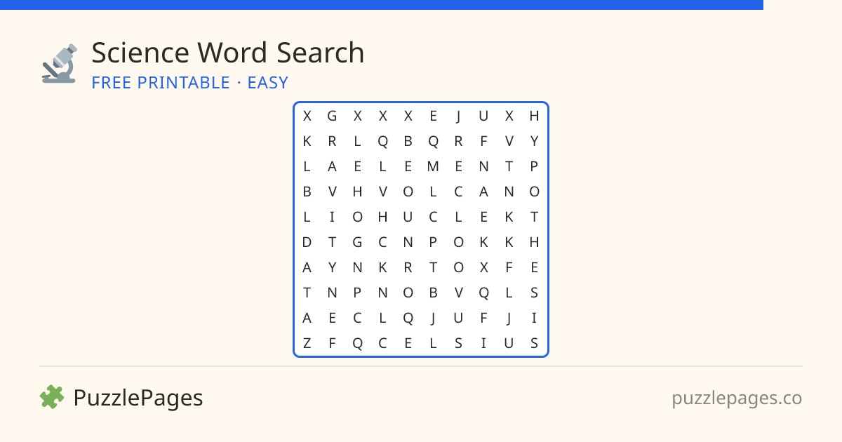Science Easy printable word search preview — free to print from PuzzlePages