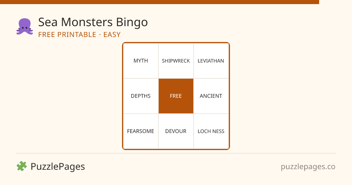 Sea Monsters Easy printable bingo preview — free to print from PuzzlePages