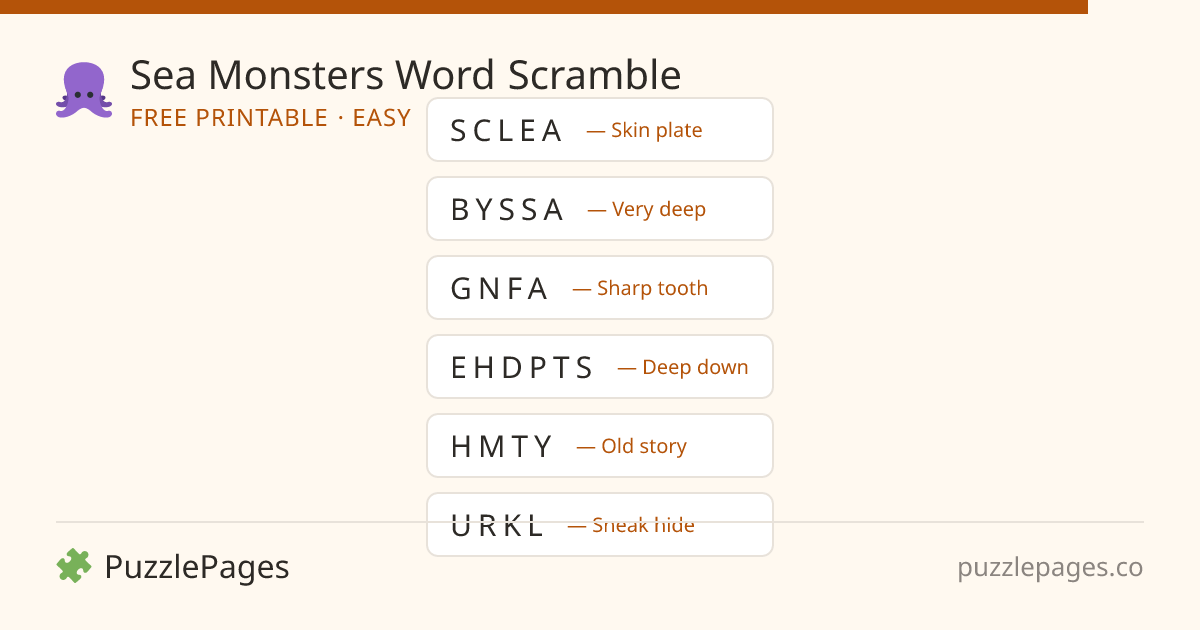 Sea Monsters Easy printable word scramble preview — free to print from PuzzlePages