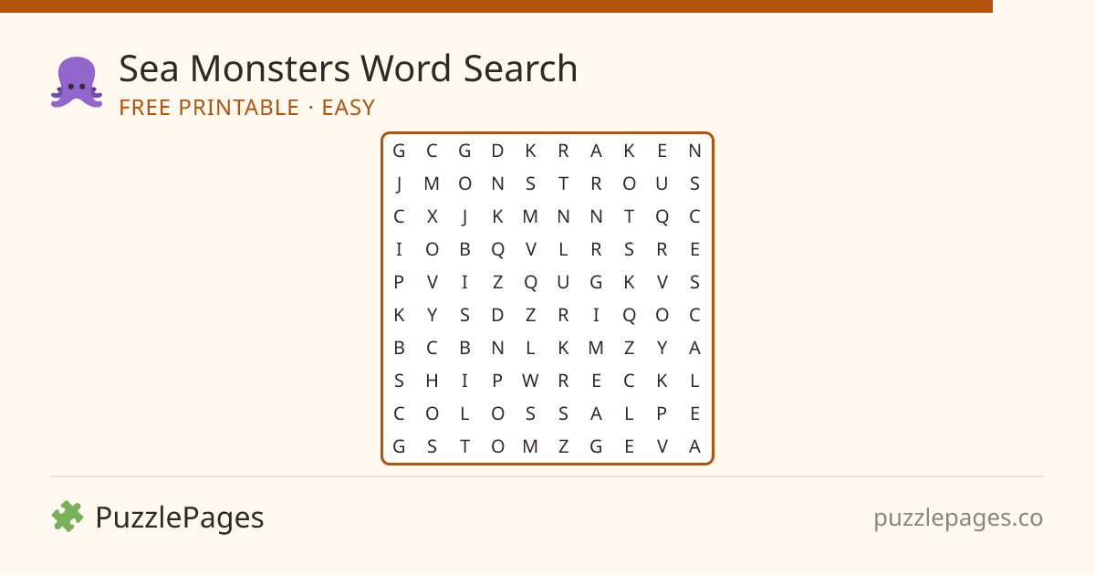 Sea Monsters Easy printable word search preview — free to print from PuzzlePages