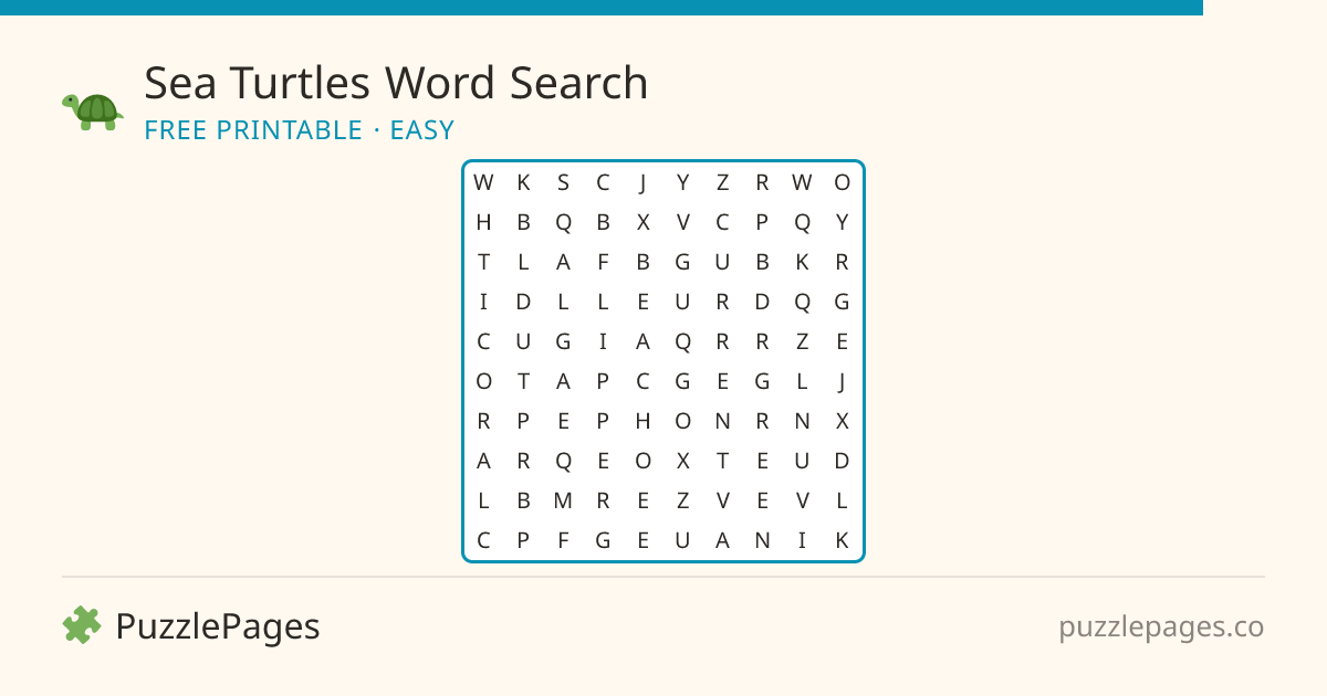 Sea Turtles Easy printable word search preview — free to print from PuzzlePages