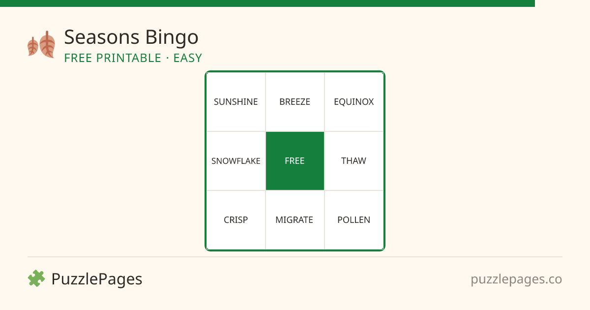 Seasons Easy printable bingo preview — free to print from PuzzlePages