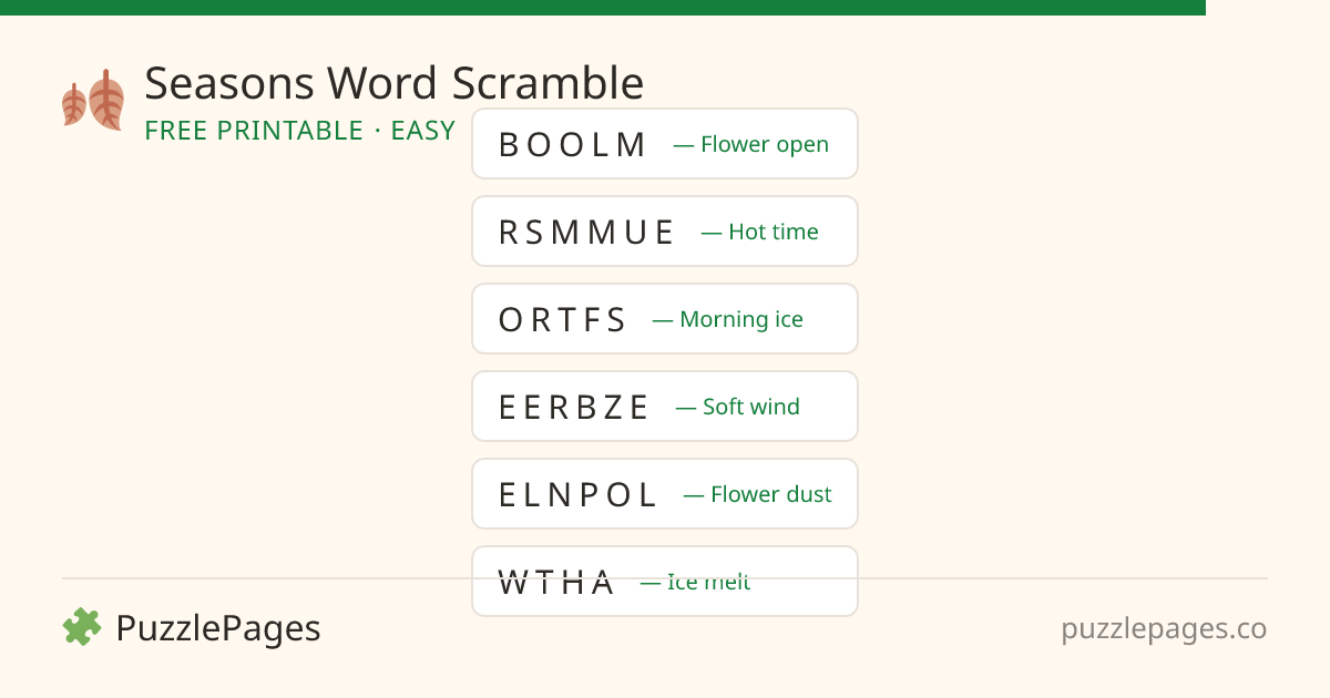 Seasons Easy printable word scramble preview — free to print from PuzzlePages