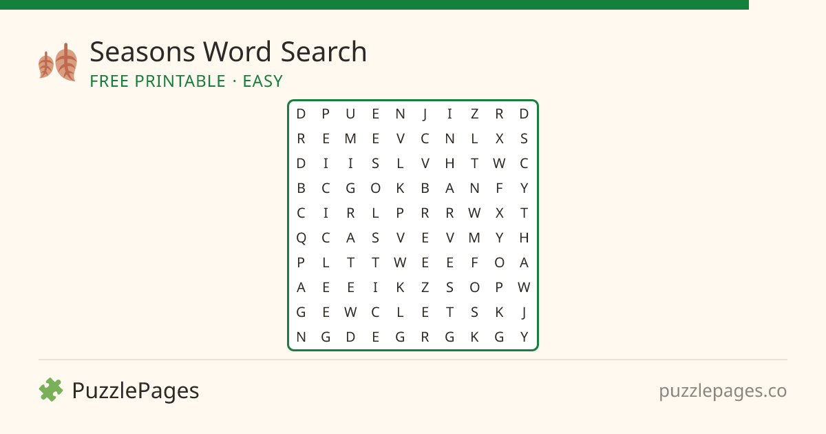 Seasons Easy printable word search preview — free to print from PuzzlePages